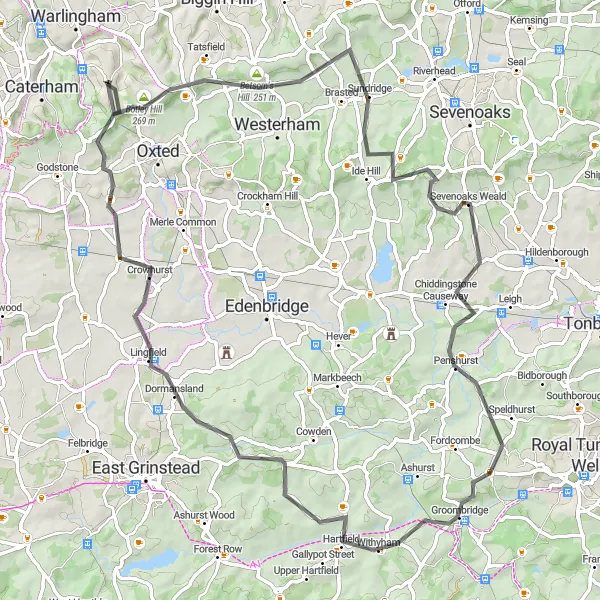 Map miniature of "Woldingham Loop" cycling inspiration in Surrey, East and West Sussex, United Kingdom. Generated by Tarmacs.app cycling route planner