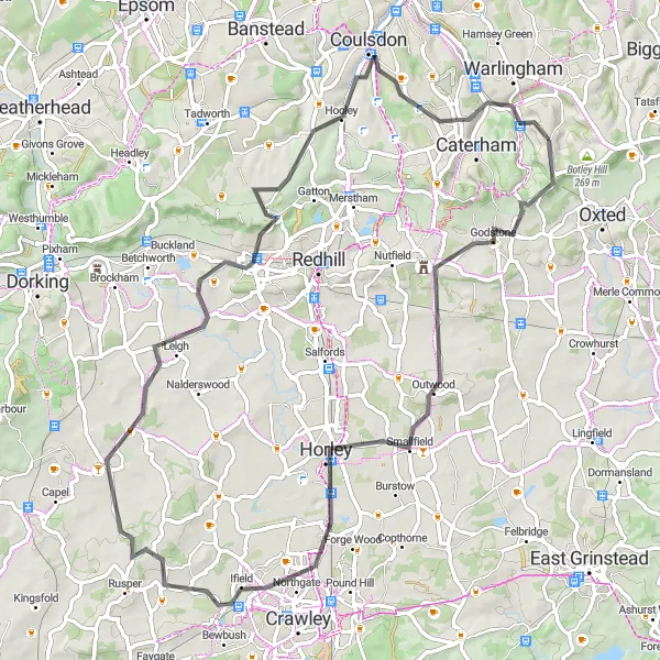 Map miniature of "Discover Surrey" cycling inspiration in Surrey, East and West Sussex, United Kingdom. Generated by Tarmacs.app cycling route planner