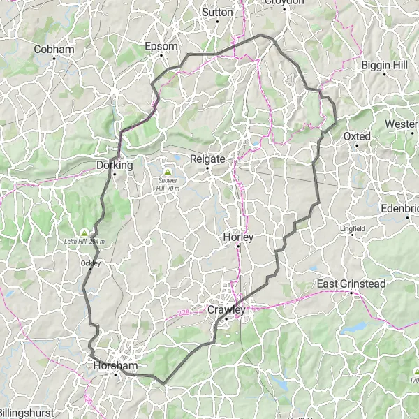 Map miniature of "Surrey Hills Grand Tour" cycling inspiration in Surrey, East and West Sussex, United Kingdom. Generated by Tarmacs.app cycling route planner