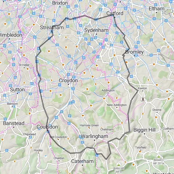 Map miniature of "Surrey Hills Meander" cycling inspiration in Surrey, East and West Sussex, United Kingdom. Generated by Tarmacs.app cycling route planner