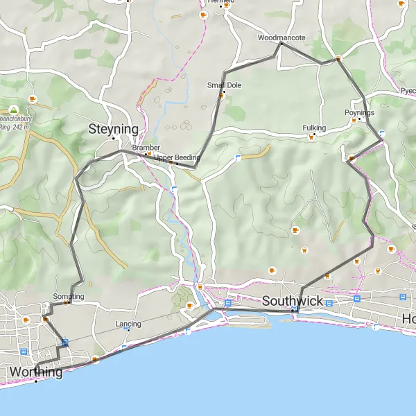 Map miniature of "Scenic Route to the South Downs" cycling inspiration in Surrey, East and West Sussex, United Kingdom. Generated by Tarmacs.app cycling route planner