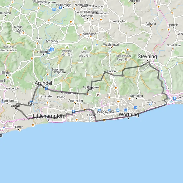 Map miniature of "The Sussex Castle Loop" cycling inspiration in Surrey, East and West Sussex, United Kingdom. Generated by Tarmacs.app cycling route planner