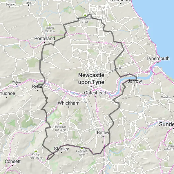 Map miniature of "Northumberland Adventure" cycling inspiration in Tees Valley and Durham, United Kingdom. Generated by Tarmacs.app cycling route planner