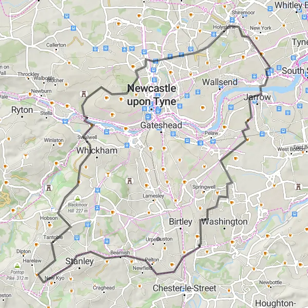 Map miniature of "Gateshead Grind" cycling inspiration in Tees Valley and Durham, United Kingdom. Generated by Tarmacs.app cycling route planner