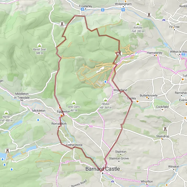 Map miniature of "Gravel Excursion around Barnard Castle" cycling inspiration in Tees Valley and Durham, United Kingdom. Generated by Tarmacs.app cycling route planner