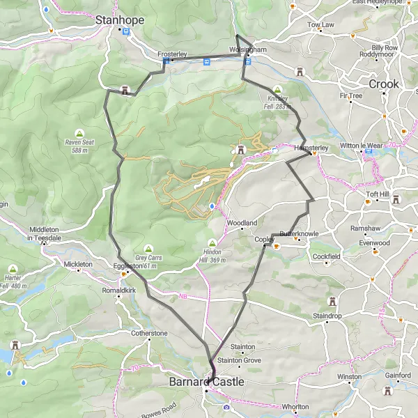 Map miniature of "Loop through Eggleston and Hamsterley" cycling inspiration in Tees Valley and Durham, United Kingdom. Generated by Tarmacs.app cycling route planner