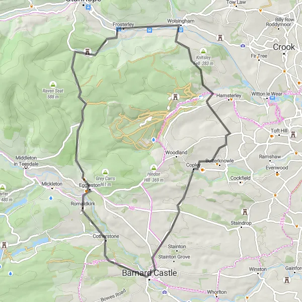 Map miniature of "Romaldkirk and Whitfield Brow Loop" cycling inspiration in Tees Valley and Durham, United Kingdom. Generated by Tarmacs.app cycling route planner