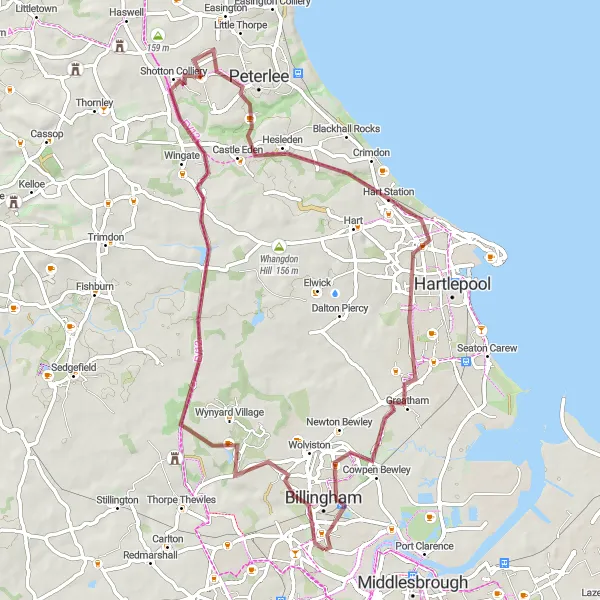Map miniature of "Gravel adventure through the picturesque landscapes of Teesside" cycling inspiration in Tees Valley and Durham, United Kingdom. Generated by Tarmacs.app cycling route planner