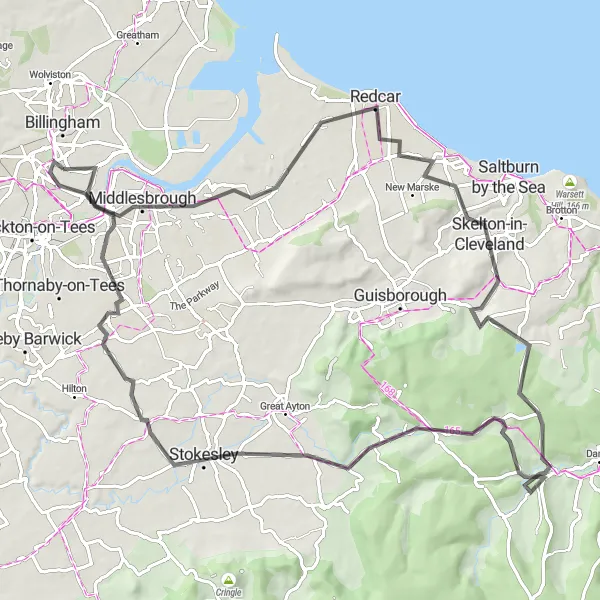 Map miniature of "Tees Valley Road Adventure" cycling inspiration in Tees Valley and Durham, United Kingdom. Generated by Tarmacs.app cycling route planner