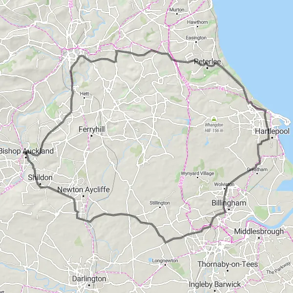 Map miniature of "Bishop Auckland to Croxdale Loop" cycling inspiration in Tees Valley and Durham, United Kingdom. Generated by Tarmacs.app cycling route planner