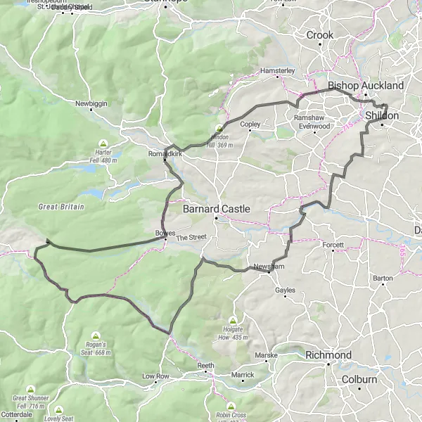 Map miniature of "Breathtaking Ride to Ovington and Tan Hill" cycling inspiration in Tees Valley and Durham, United Kingdom. Generated by Tarmacs.app cycling route planner