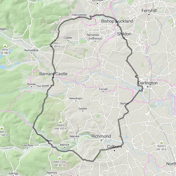 Map miniature of "The Bishop's Challenge" cycling inspiration in Tees Valley and Durham, United Kingdom. Generated by Tarmacs.app cycling route planner