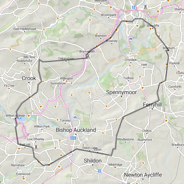 Map miniature of "Bowburn Road Adventure" cycling inspiration in Tees Valley and Durham, United Kingdom. Generated by Tarmacs.app cycling route planner