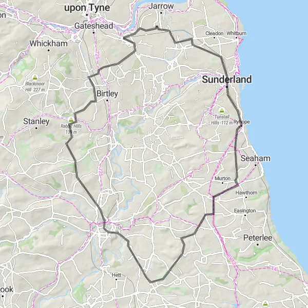 Map miniature of "Bowburn Road Challenge" cycling inspiration in Tees Valley and Durham, United Kingdom. Generated by Tarmacs.app cycling route planner