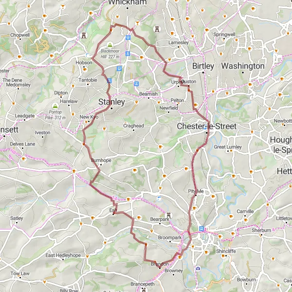 Map miniature of "Brandon Gravel Adventure" cycling inspiration in Tees Valley and Durham, United Kingdom. Generated by Tarmacs.app cycling route planner