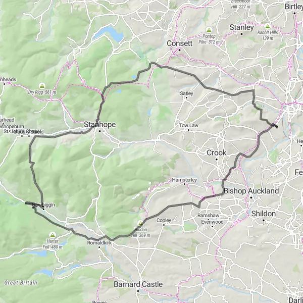 Map miniature of "Durham and Beyond" cycling inspiration in Tees Valley and Durham, United Kingdom. Generated by Tarmacs.app cycling route planner