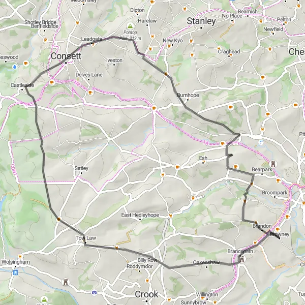 Map miniature of "Brancepeth Circular" cycling inspiration in Tees Valley and Durham, United Kingdom. Generated by Tarmacs.app cycling route planner