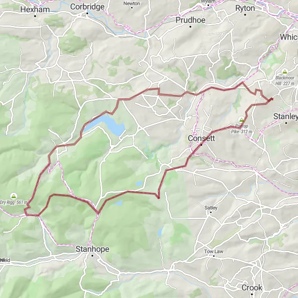 Map miniature of "Pontop Pike - Derwent Reservoir Gravel Adventure" cycling inspiration in Tees Valley and Durham, United Kingdom. Generated by Tarmacs.app cycling route planner