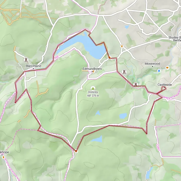 Map miniature of "Blanchland Gravel Escape" cycling inspiration in Tees Valley and Durham, United Kingdom. Generated by Tarmacs.app cycling route planner