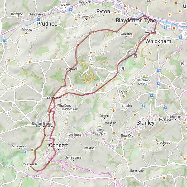 Map miniature of "Consett and Durham Heritage Route" cycling inspiration in Tees Valley and Durham, United Kingdom. Generated by Tarmacs.app cycling route planner