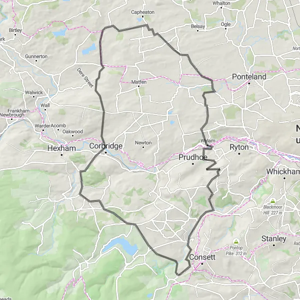Map miniature of "Chopwell and Corbridge Circular Route" cycling inspiration in Tees Valley and Durham, United Kingdom. Generated by Tarmacs.app cycling route planner