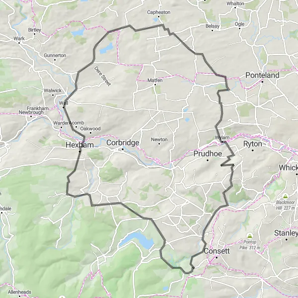 Map miniature of "Northumberland Countryside Loop" cycling inspiration in Tees Valley and Durham, United Kingdom. Generated by Tarmacs.app cycling route planner