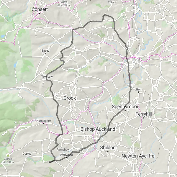 Map miniature of "Fir Tree and Observatory Hill Loop" cycling inspiration in Tees Valley and Durham, United Kingdom. Generated by Tarmacs.app cycling route planner