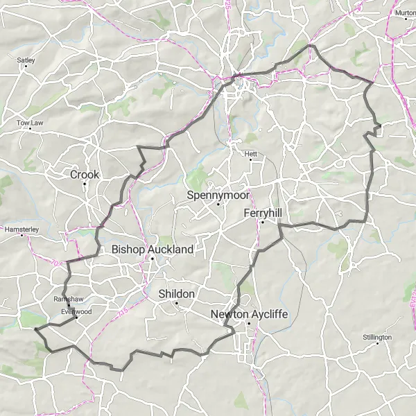 Map miniature of "Ramshaw and Observatory Hill Circuit" cycling inspiration in Tees Valley and Durham, United Kingdom. Generated by Tarmacs.app cycling route planner