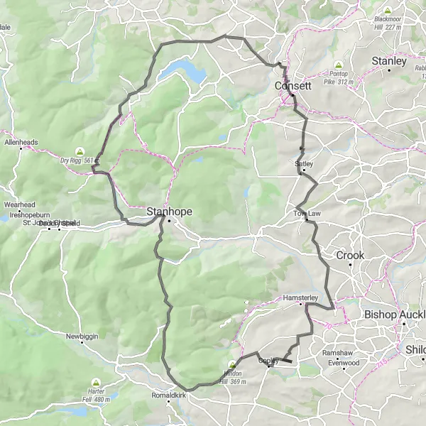 Map miniature of "Lynesack and Shotley Bridge Circuit" cycling inspiration in Tees Valley and Durham, United Kingdom. Generated by Tarmacs.app cycling route planner