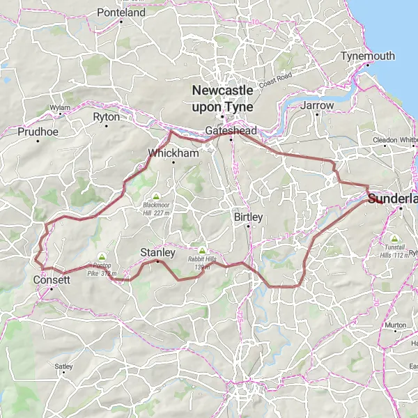 Map miniature of "Gravel Adventure around Consett and Chester-le-Street" cycling inspiration in Tees Valley and Durham, United Kingdom. Generated by Tarmacs.app cycling route planner