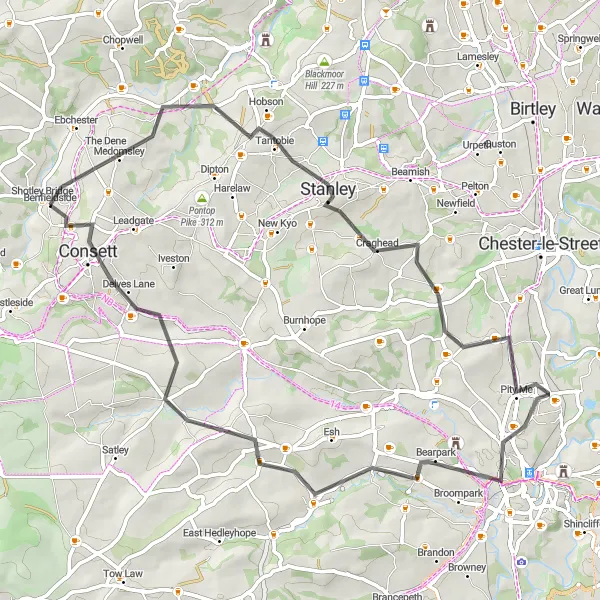 Map miniature of "Stanley and Consett Countryside Loop" cycling inspiration in Tees Valley and Durham, United Kingdom. Generated by Tarmacs.app cycling route planner