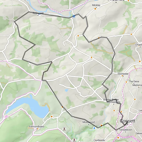 Map miniature of "Discover Consett and Beyond" cycling inspiration in Tees Valley and Durham, United Kingdom. Generated by Tarmacs.app cycling route planner