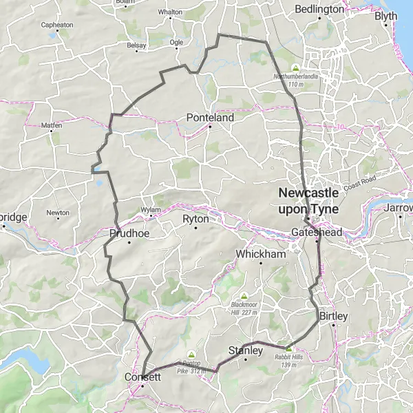 Map miniature of "Consett to Newcastle Upon Tyne Road Ride" cycling inspiration in Tees Valley and Durham, United Kingdom. Generated by Tarmacs.app cycling route planner