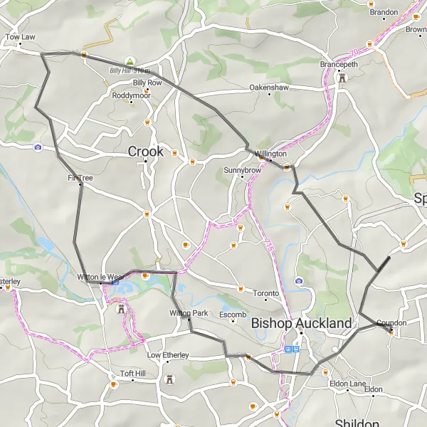 Map miniature of "Coundon and Surrounding Villages" cycling inspiration in Tees Valley and Durham, United Kingdom. Generated by Tarmacs.app cycling route planner