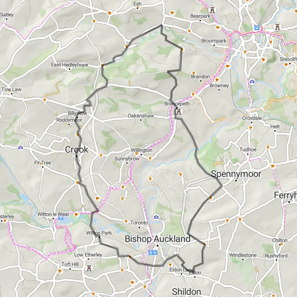 Map miniature of "Crook and Brancepeth Loop" cycling inspiration in Tees Valley and Durham, United Kingdom. Generated by Tarmacs.app cycling route planner