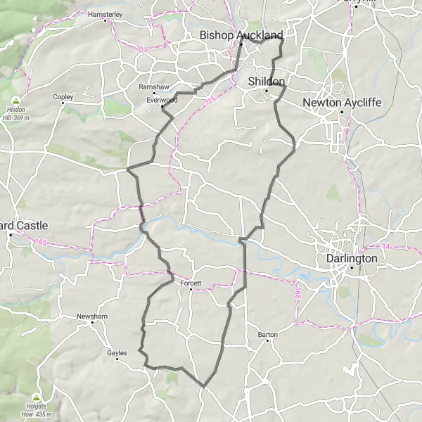 Map miniature of "Coundon and Dales Loop" cycling inspiration in Tees Valley and Durham, United Kingdom. Generated by Tarmacs.app cycling route planner