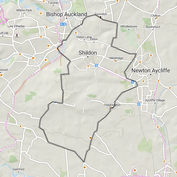Map miniature of "Coundon and Heighington Loop" cycling inspiration in Tees Valley and Durham, United Kingdom. Generated by Tarmacs.app cycling route planner