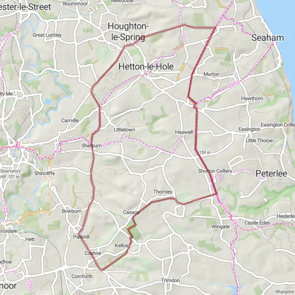 Map miniature of "Sherburn Gravel Loop" cycling inspiration in Tees Valley and Durham, United Kingdom. Generated by Tarmacs.app cycling route planner