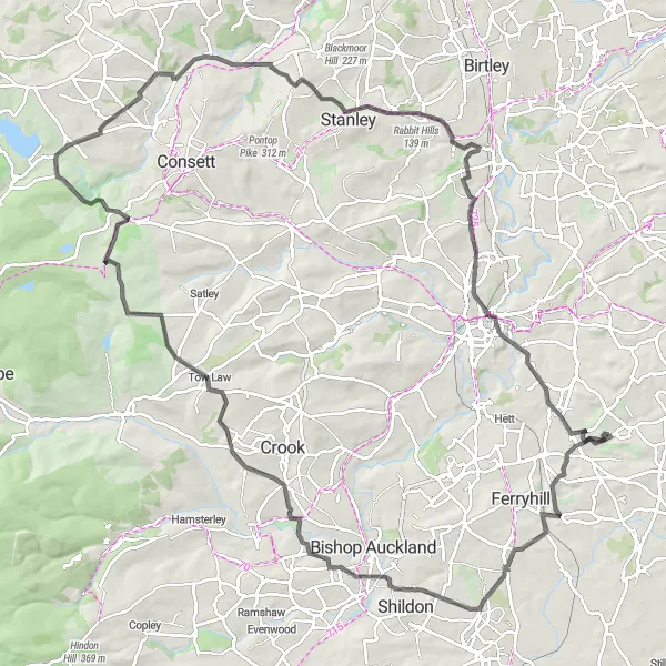Map miniature of "Durham Hills Challenge" cycling inspiration in Tees Valley and Durham, United Kingdom. Generated by Tarmacs.app cycling route planner