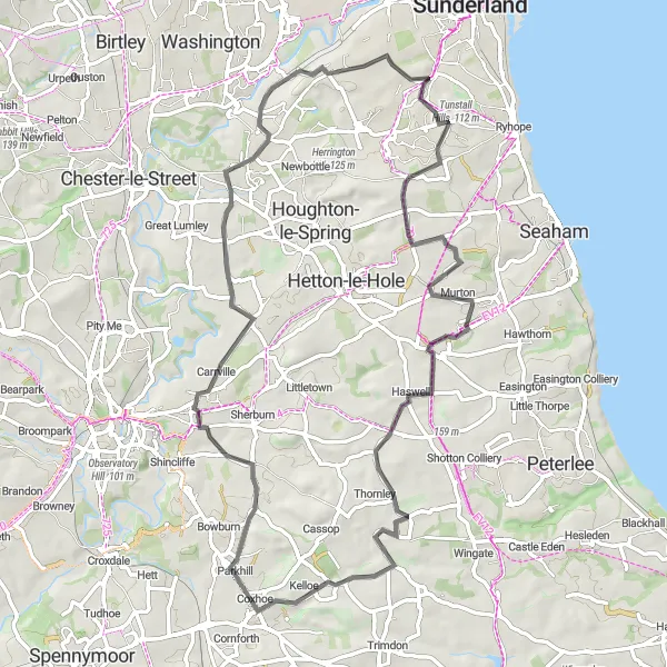 Map miniature of "County Durham Loop" cycling inspiration in Tees Valley and Durham, United Kingdom. Generated by Tarmacs.app cycling route planner