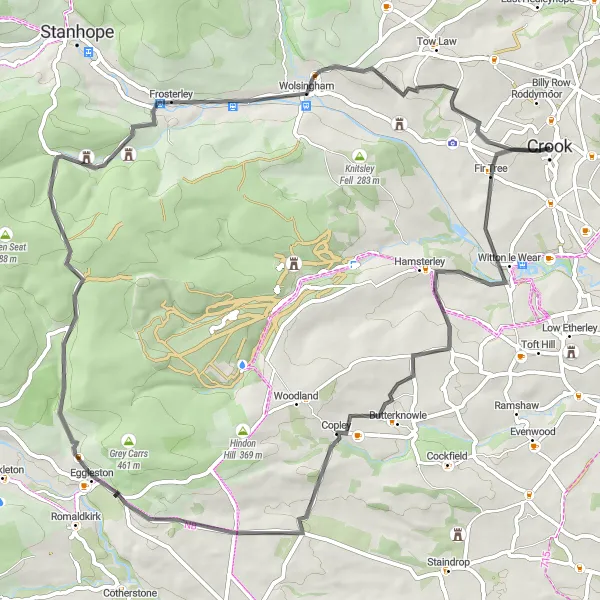 Map miniature of "The Frosterley Five" cycling inspiration in Tees Valley and Durham, United Kingdom. Generated by Tarmacs.app cycling route planner
