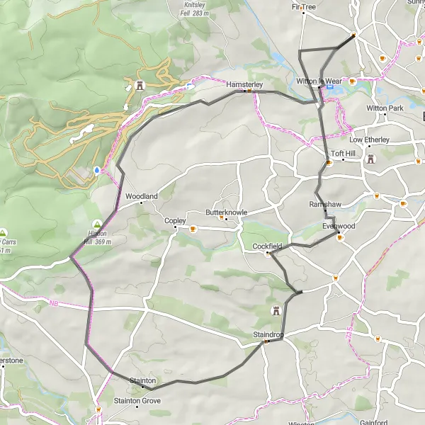 Map miniature of "The Witton le Wear Loop" cycling inspiration in Tees Valley and Durham, United Kingdom. Generated by Tarmacs.app cycling route planner