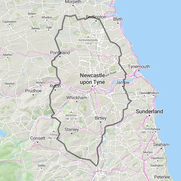 Map miniature of "Grand Tour of Durham" cycling inspiration in Tees Valley and Durham, United Kingdom. Generated by Tarmacs.app cycling route planner