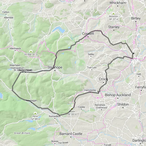 Map miniature of "Durham Dales Adventure" cycling inspiration in Tees Valley and Durham, United Kingdom. Generated by Tarmacs.app cycling route planner