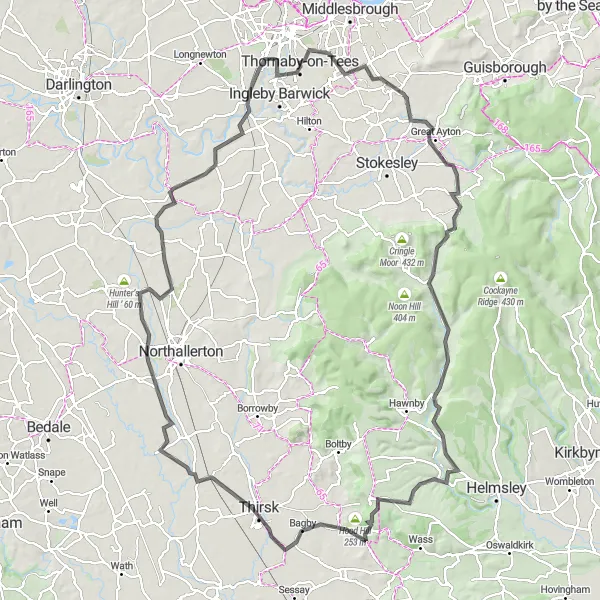 Map miniature of "Nunthorpe and Rievaulx Circuit" cycling inspiration in Tees Valley and Durham, United Kingdom. Generated by Tarmacs.app cycling route planner