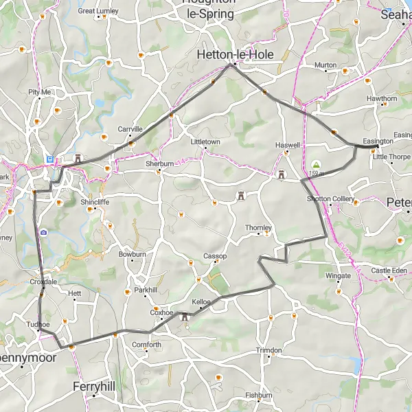 Map miniature of "Road Cycling Paradise: Durham Castle Loop" cycling inspiration in Tees Valley and Durham, United Kingdom. Generated by Tarmacs.app cycling route planner