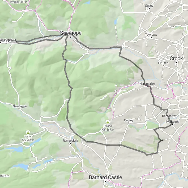 Map miniature of "Evenwood - Staindrop - Kinninvie - Unthank - Frosterley - Knitsley Fell - Hamsterley - Ramshaw" cycling inspiration in Tees Valley and Durham, United Kingdom. Generated by Tarmacs.app cycling route planner