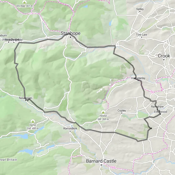 Map miniature of "Evenwood - Staindrop - Middleton in Teesdale - Westgate - Frosterley - Knitsley Fell - Ramshaw" cycling inspiration in Tees Valley and Durham, United Kingdom. Generated by Tarmacs.app cycling route planner
