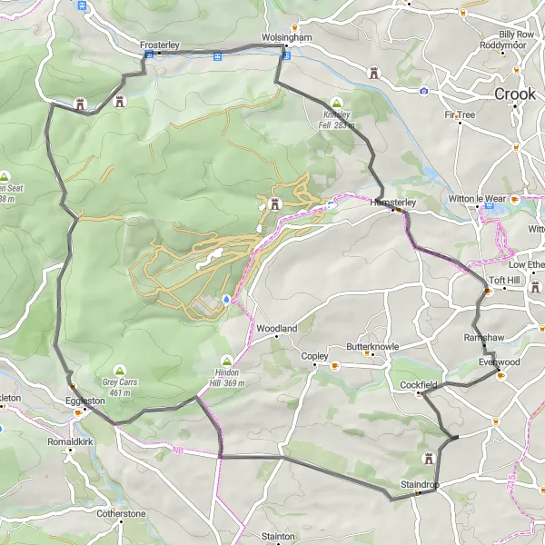 Map miniature of "Evenwood - Staindrop - Kinninvie - Whitfield Brow - Frosterley - Knitsley Fell - Hamsterley - Ramshaw" cycling inspiration in Tees Valley and Durham, United Kingdom. Generated by Tarmacs.app cycling route planner