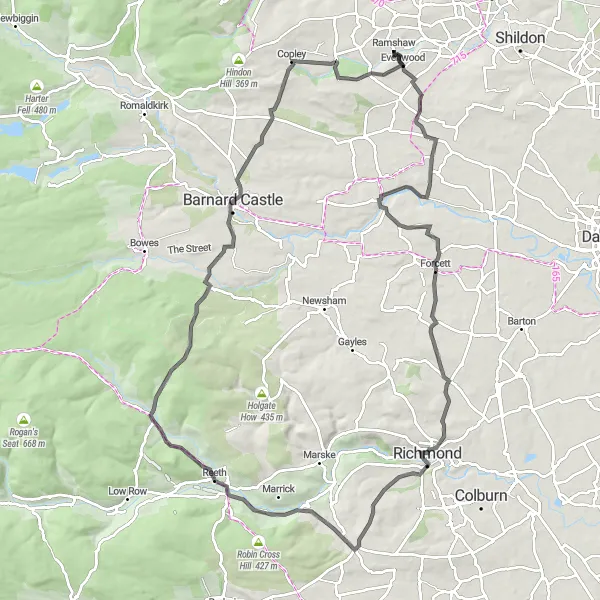 Map miniature of "Durham Countryside Challenge" cycling inspiration in Tees Valley and Durham, United Kingdom. Generated by Tarmacs.app cycling route planner
